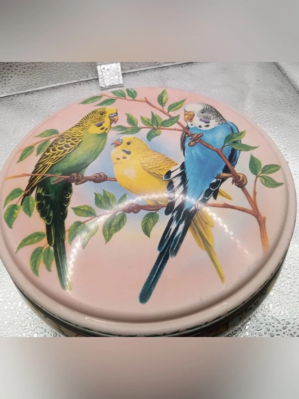 Pink Budgie Peek Frean Biscuit Budgerigar Parakeets Birds 1950s Mcm Tin rare